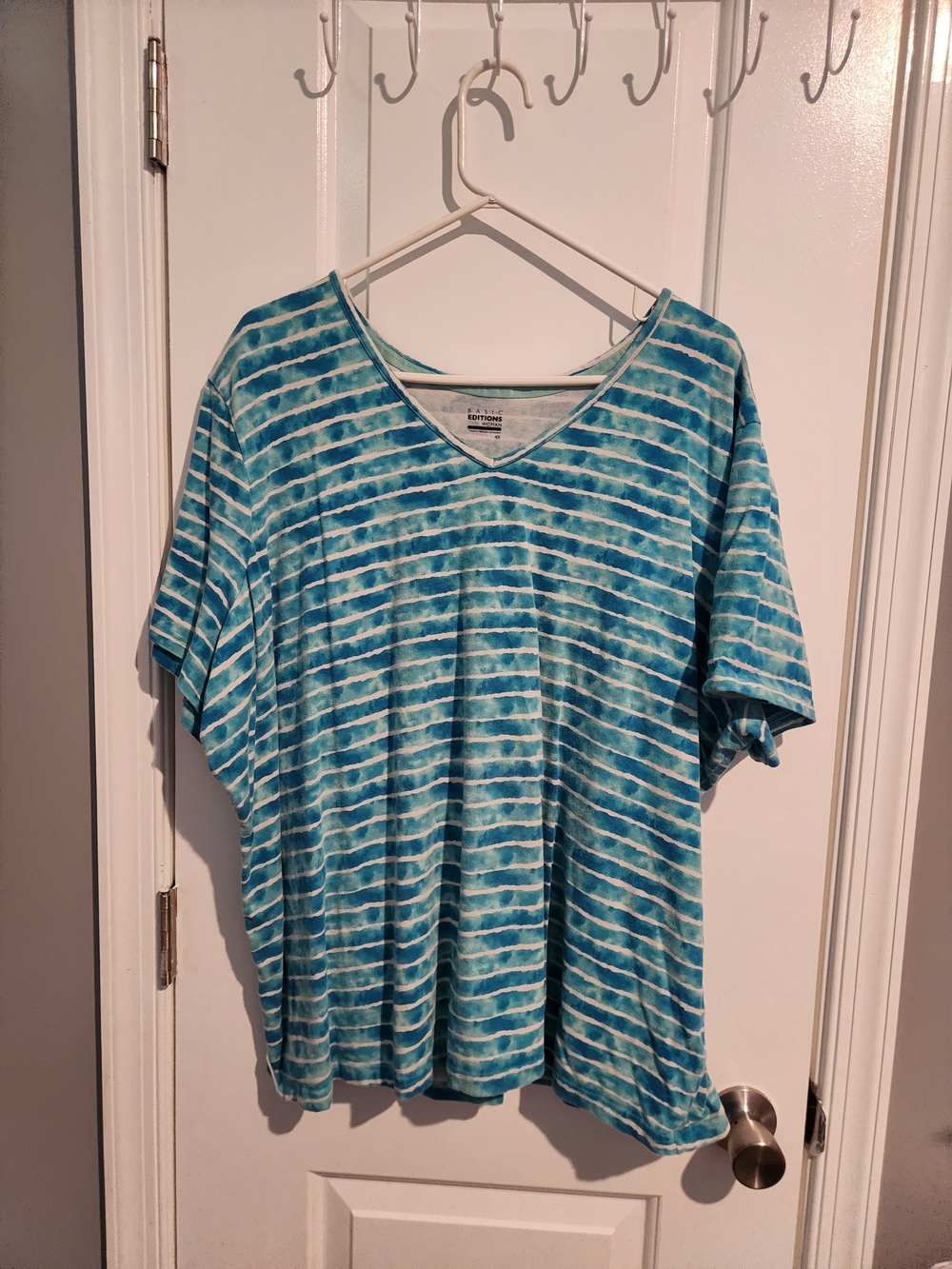 Basic Editions Teal and White Striped V-Neck Short Sleeve Tee